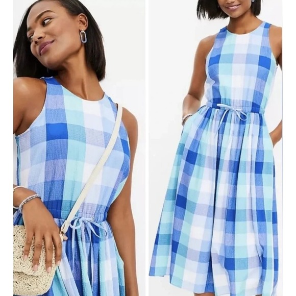 LOFT Dresses & Skirts - NWT LOFT Seersucker Blue Plaid Cutout Back Dress Midi Pocket Small Brunch Picnic